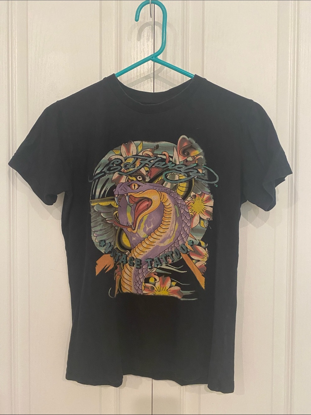 AWESOME Black ED HARDY Graphic Snake Tee with Floral Print Sz Small